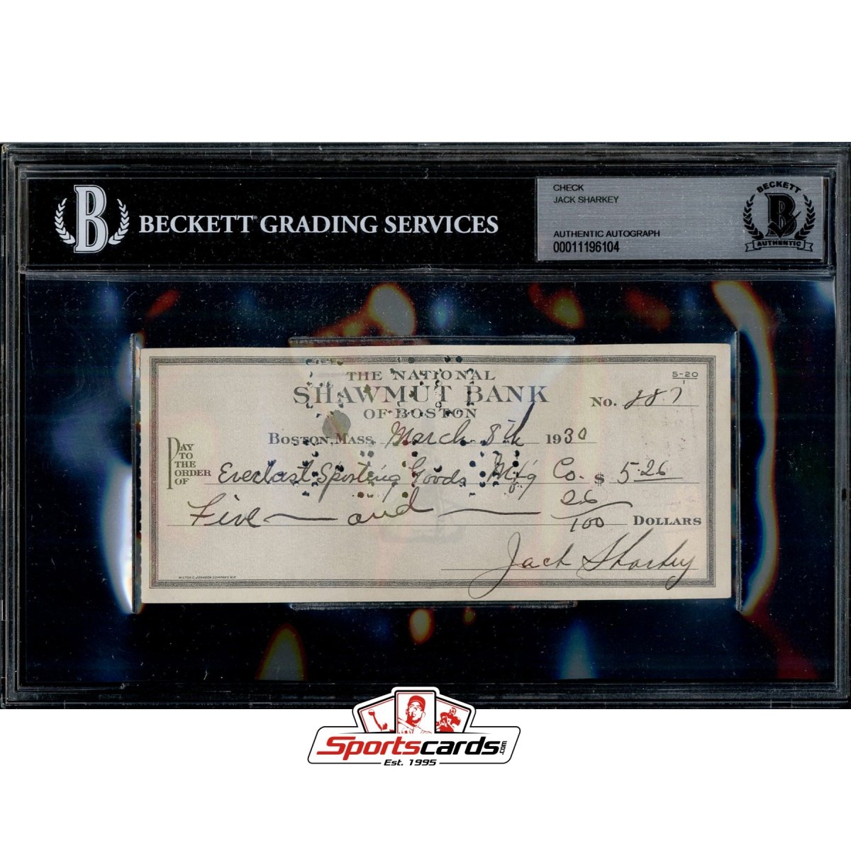 Jack Sharkey Signed Autographed Check BGS JSA