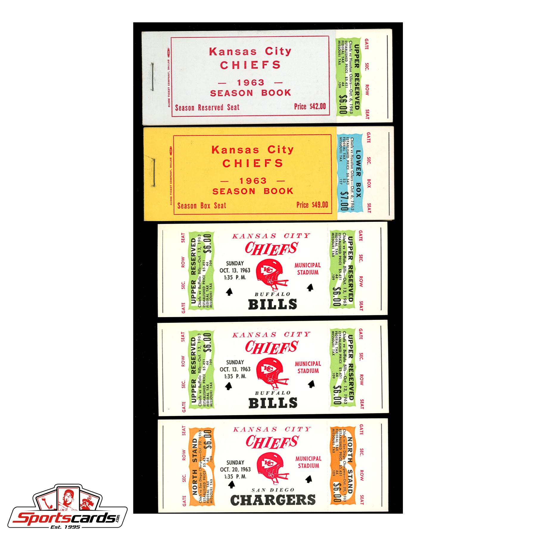 1963 Kansas City Chiefs Season Ticket Proofs Hoard Incl. Complete Books – (40) Tickets!