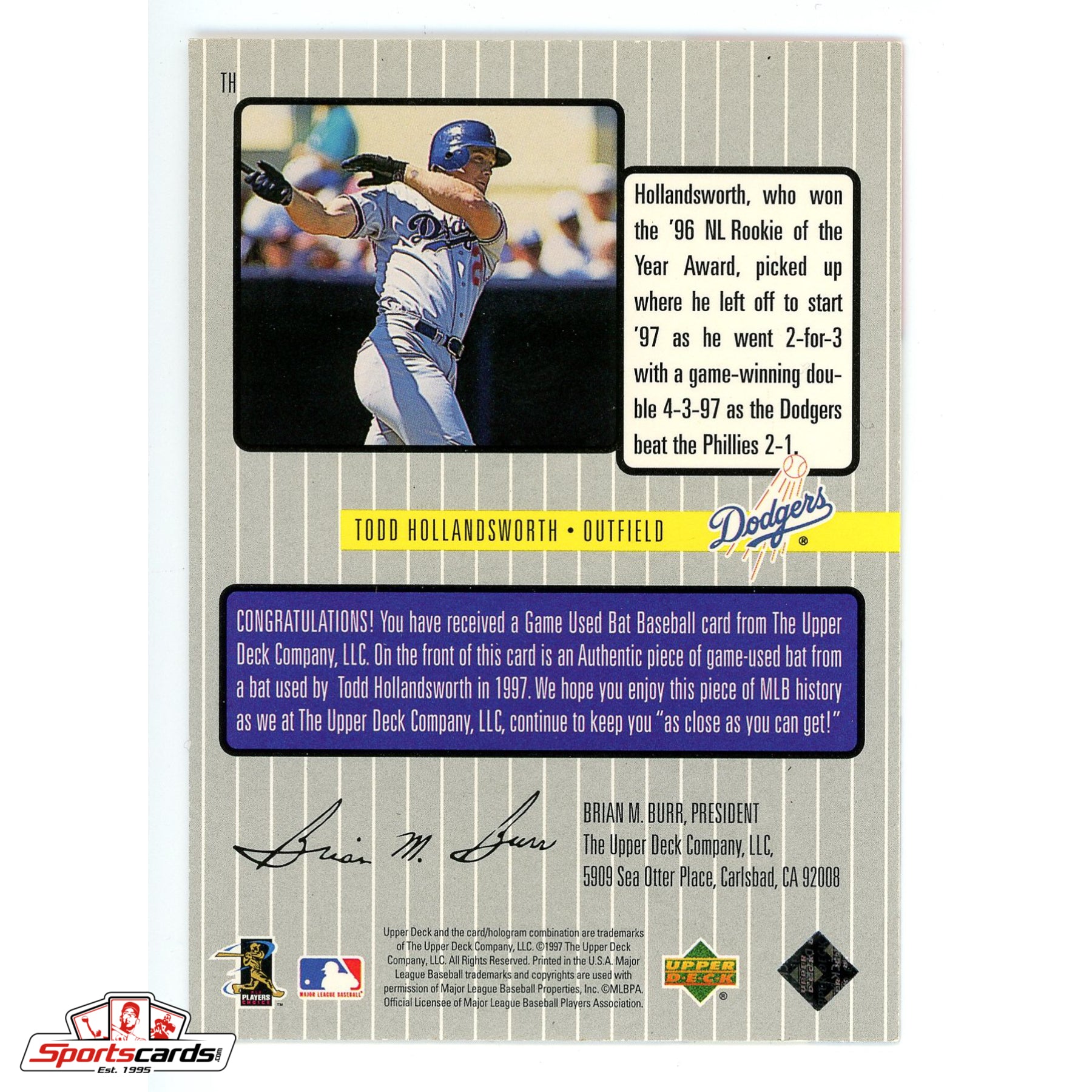 1997 Upper Deck A Piece of the Action Todd Hollandsworth Bat Card