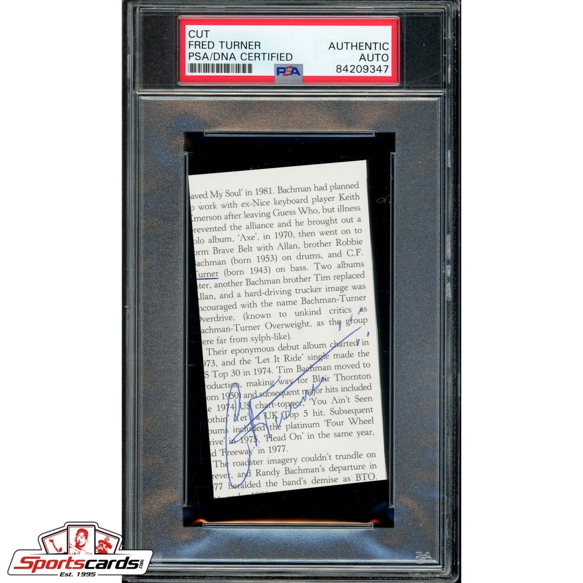 Fred Turner Signed Cut Autograph PSA/DNA - Bachman Turner Overdrive