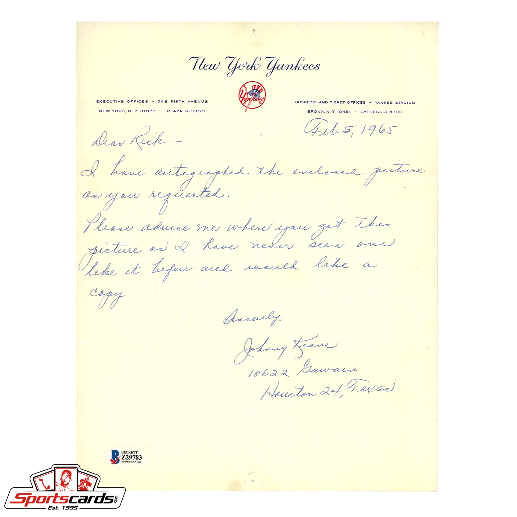 Johnny Keane (d.1967) Signed Autographed Handwritten Letter New York Yankees BAS