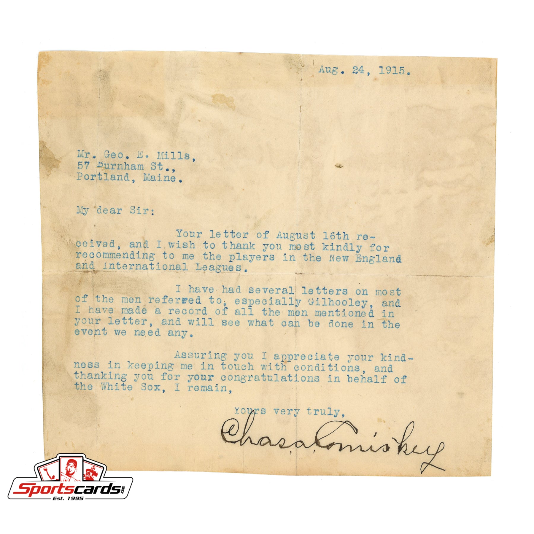 Charles Comiskey (d.1931) Signed Autographed Typed Letter JSA LOA