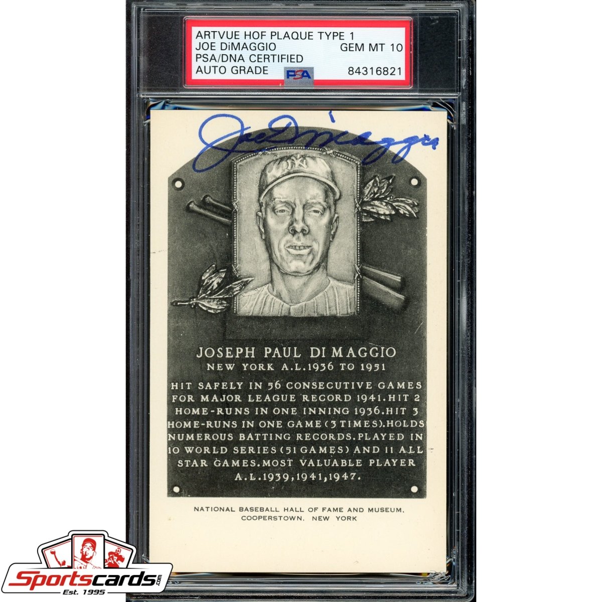 Joe DiMaggio Auto Signed Artvue HOF Plaque Type 1 PSA Gem Mint 10 POP 1