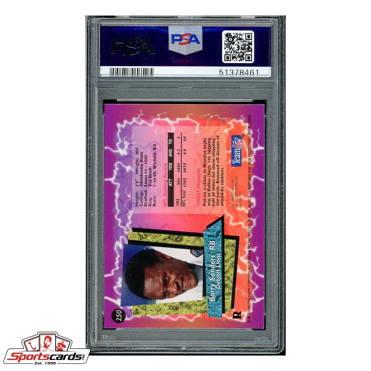 1995 Topps Finest Refractor #250 Barry Sanders PSA Mint 9 - POP 9