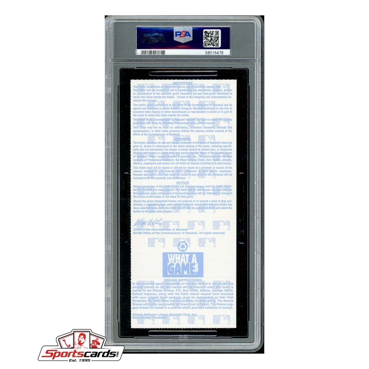 1996 World Series Game 3 Full Ticket PSA EX-MT 6 MLB Yankees vs. Braves