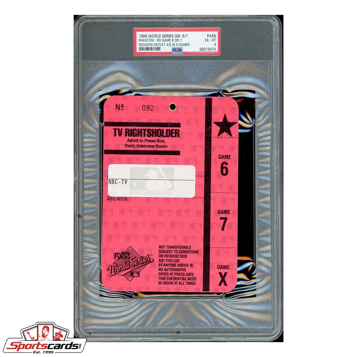 1988 World Series Game 6 &amp; 7 NBC TV Press Pass A&#39;s vs. Dodgers - PSA EX-MT 6