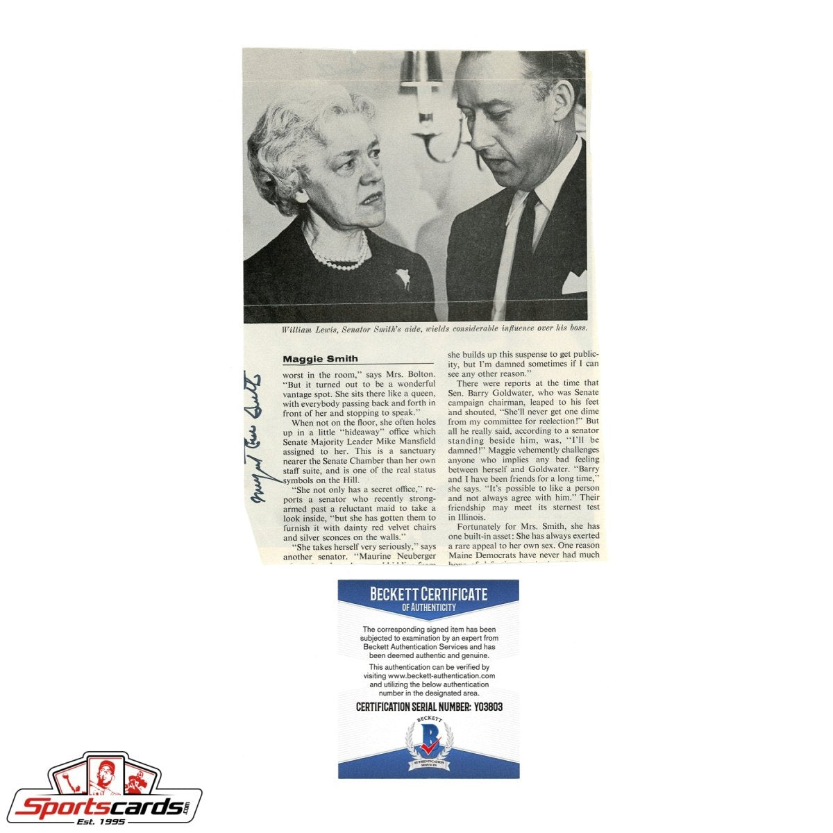 1st Female Presidential Candidate Margaret Chase Smith Signed Autographed Photograph