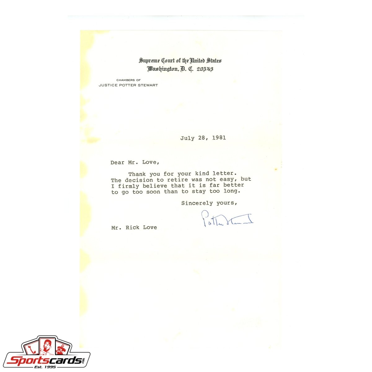 Supreme Court Justice Potter Stewart Signed Auto Typed Letter TLS