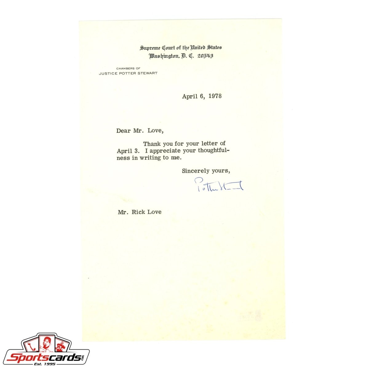 Supreme Court Justice Potter Stewart Signed Auto Typed Letter TLS