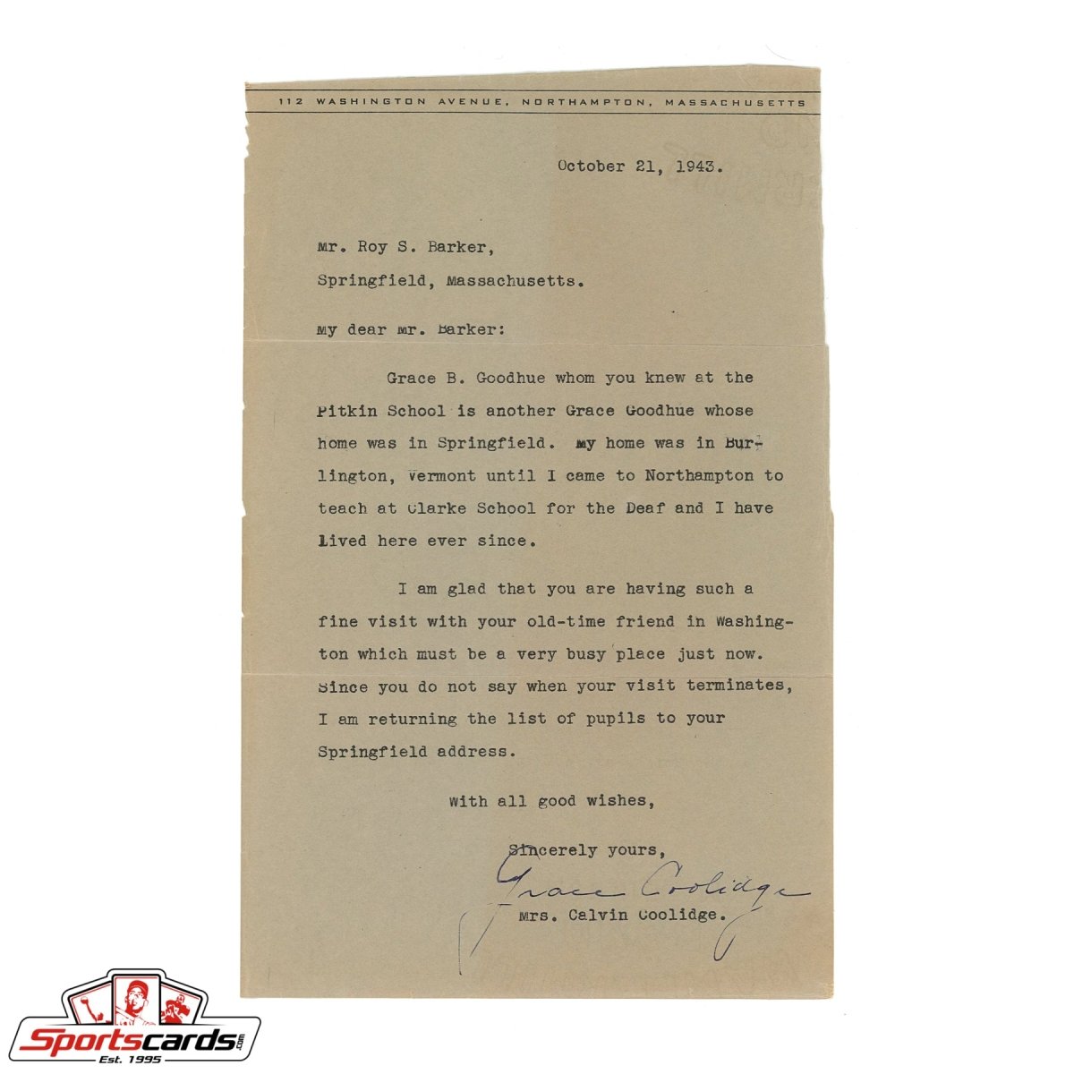 First Lady Grace Coolidge Signed Typed Letter Beckett BAS Authentic
