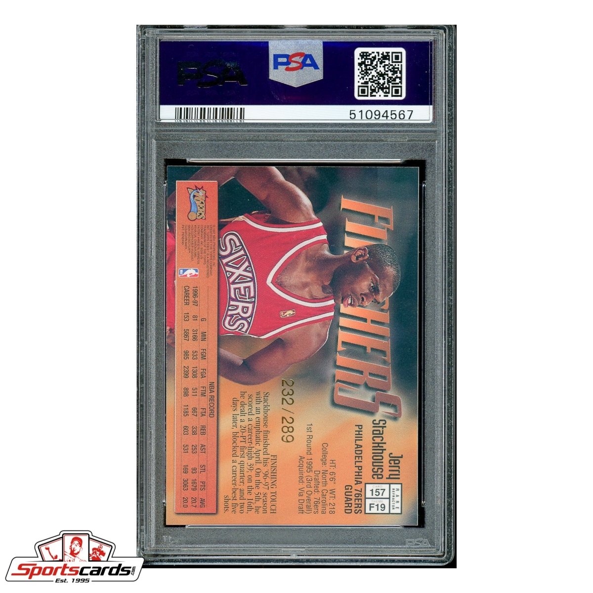 1997-98 Finest Refractor #157 Jerry Stackhouse #/ 289 PSA Gem Mint 10 POP 1