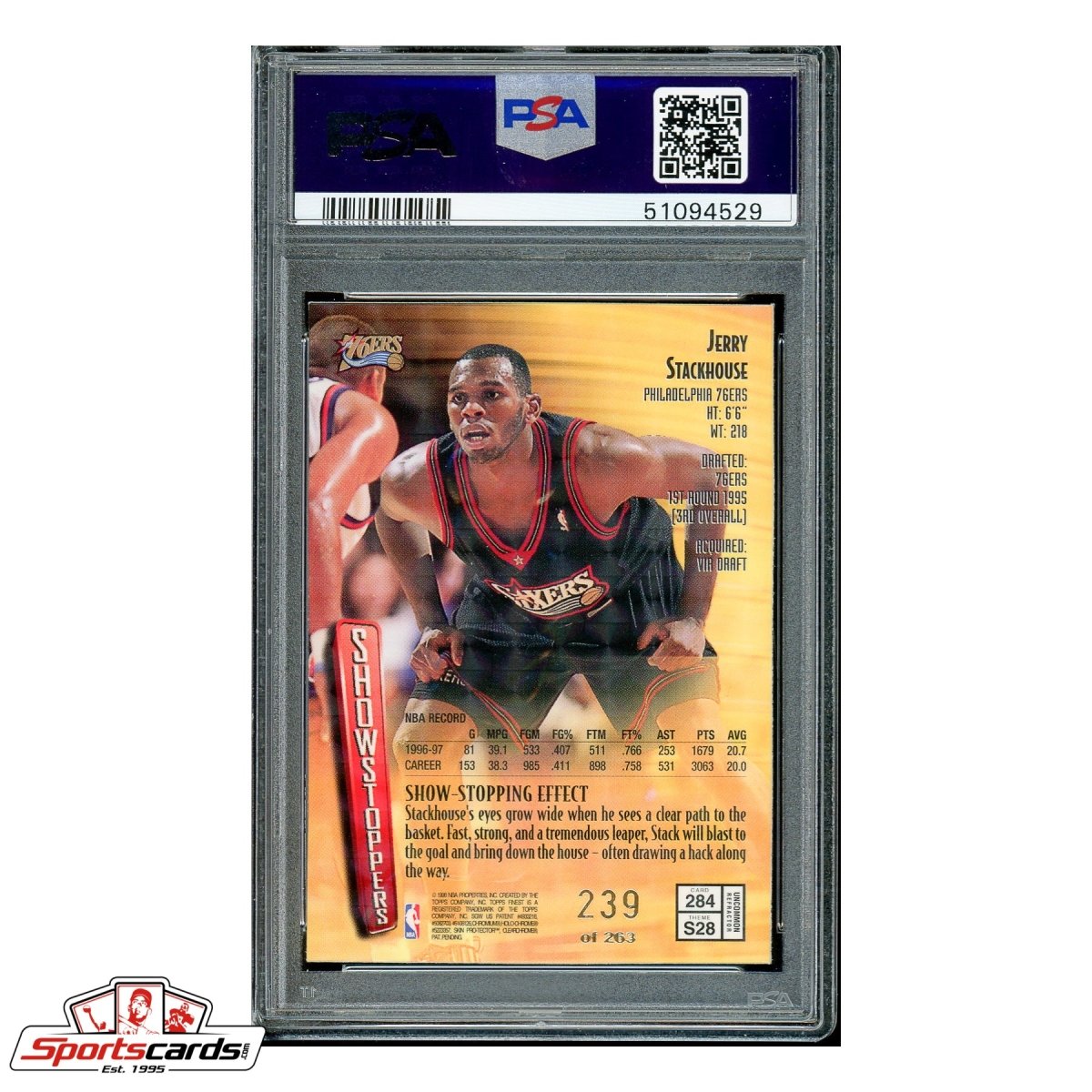 1997-98 Finest Embossed Refractor #284 Jerry Stackhouse #/ 263 PSA Gem Mint 10 POP 2