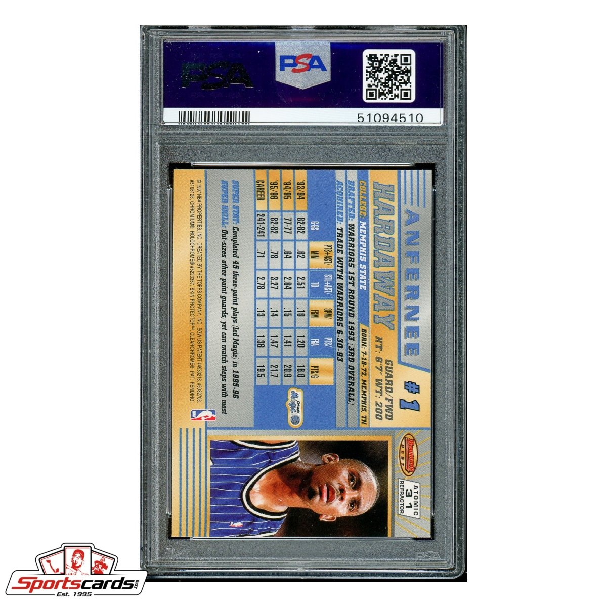 1996-97 Bowman&#39;s Best Atomic Refractor #31 Anfernee Hardaway PSA Gem Mint 10