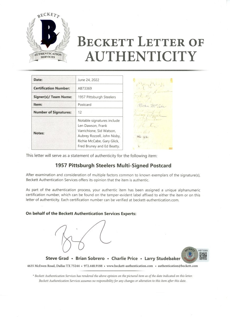 1957 Pittsburgh Steelers Team Signed GPC w/ Len Dawson Rookie Signature BAS LOA