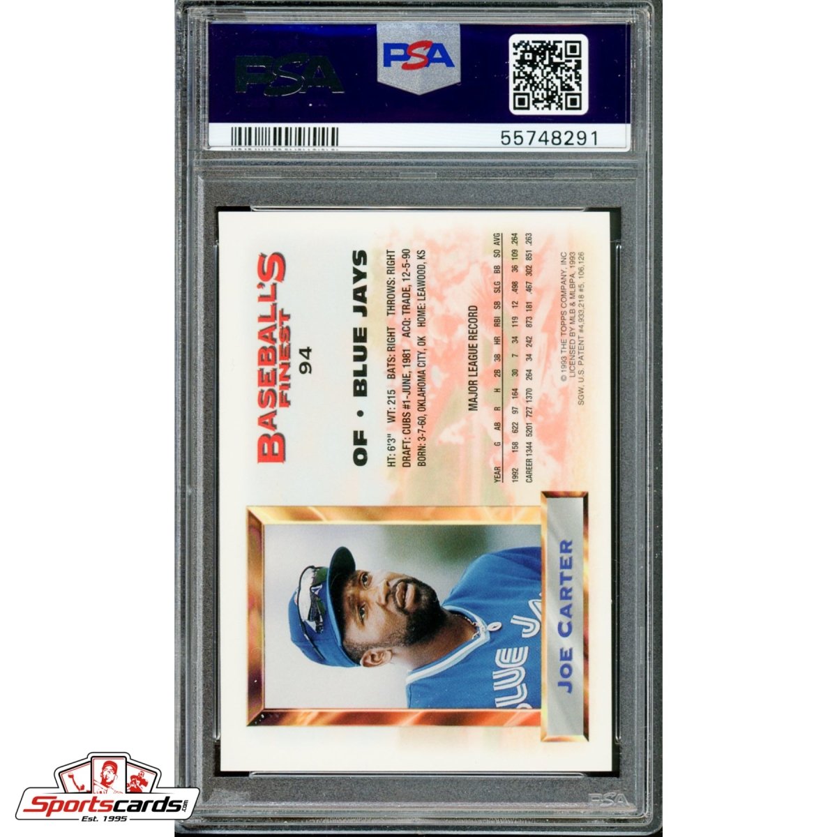1993 Finest Joe Carter Refractor #94 PSA 9