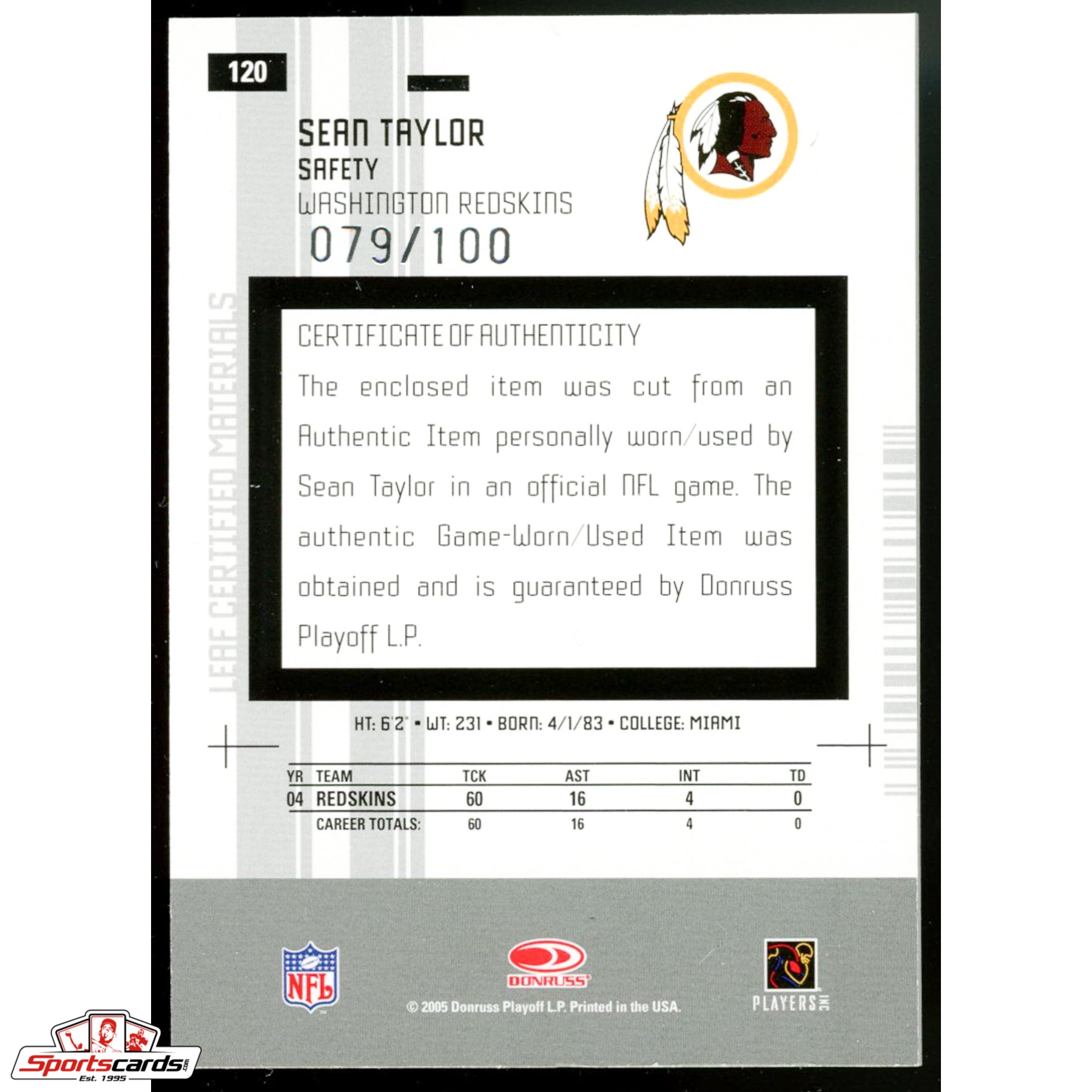 2005 Leaf Certified Materials Sean Taylor Mirror Red Game Jersey #/100