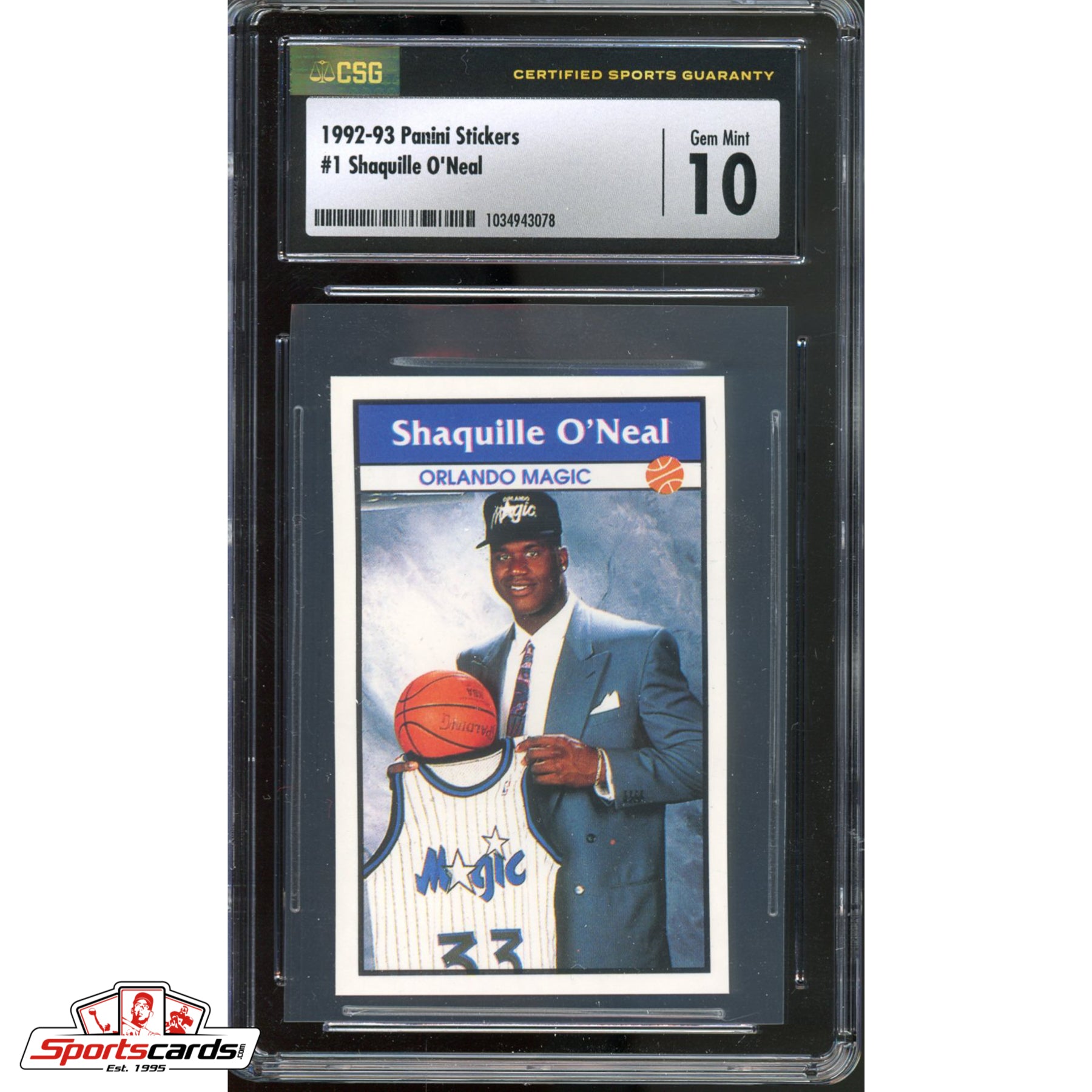 1992-93 Panini Stickers Shaquille O'Neal RC #1 CSG Gem Mint 10