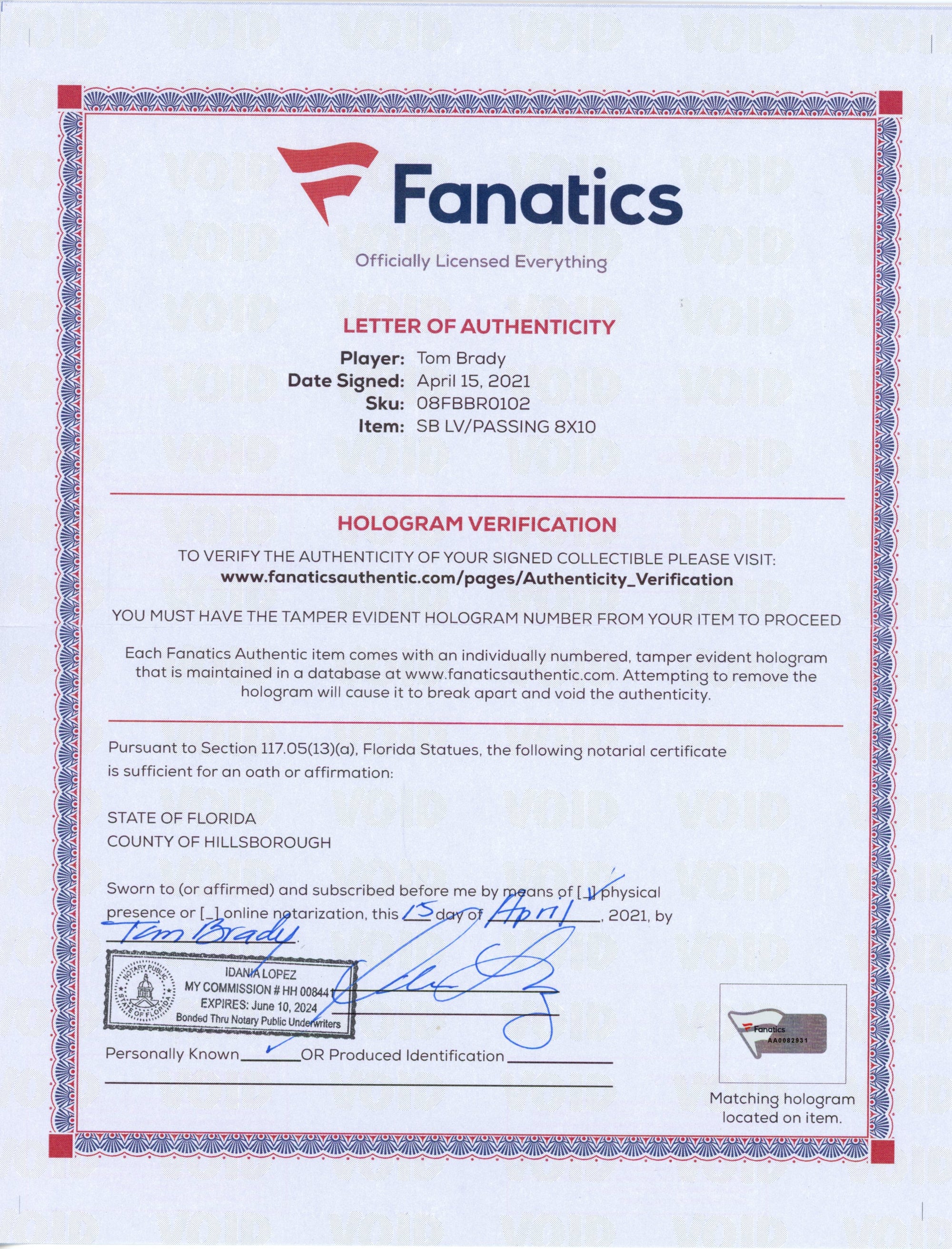 Tom Brady Signed Tampa Bay Buccaneers 8x10 Photograph - Fanatics COA
